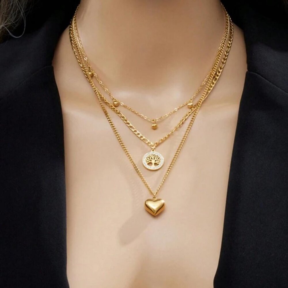 18K Gold Plated Gold Tree Of Life Stainless Steel Necklace Sets 3 Piece Set